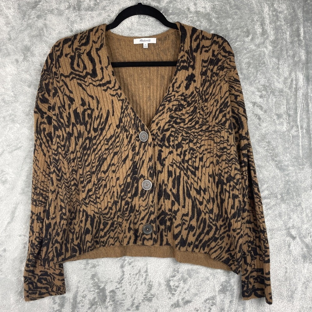 Madewell Tigerized Cameron Cardigan Sweater Womens XS Brown Black Tiger Pattern‎